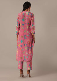 Pink Crepe Printed Kurta And Pant Set With Shirt Collar