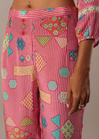 Pink Crepe Printed Kurta And Pant Set With Shirt Collar