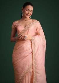 Pink Crushed Silk Saree With Sequin Work