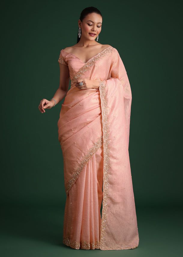 Pink Crushed Silk Saree With Sequin Work