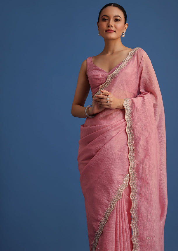 Pink Crushed Tissue Saree With Embroidered Border