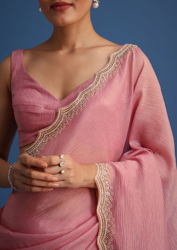 Pink Crushed Tissue Saree With Embroidered Border