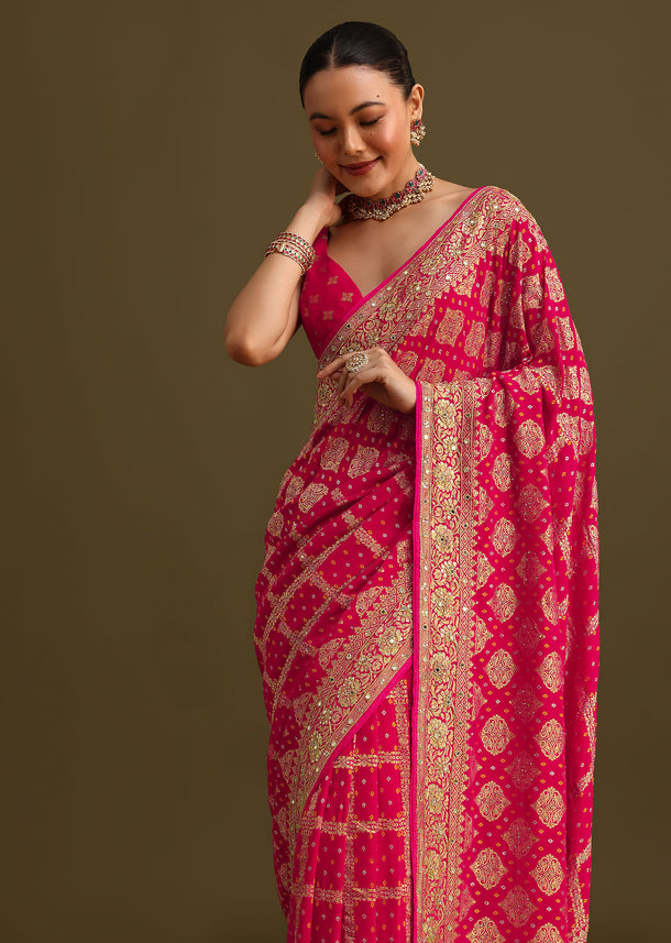 Pink Cutdana Embroidered Bandhani Weave Saree With Unstitched Blouse