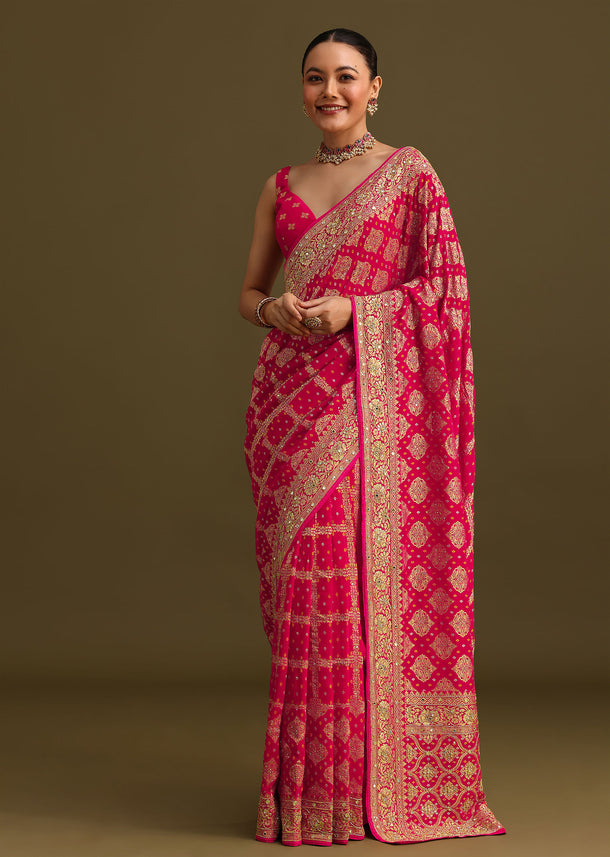 Pink Cutdana Embroidered Bandhani Weave Saree With Unstitched Blouse