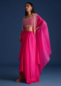 Pink Cutdana Embroidered Crop Top With Jacket And Skirt