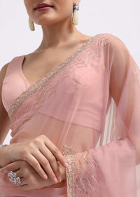 Pink Cutdana Embroidered Organza Saree With Unstitched Blouse