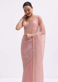 Pink Cutdana Embroidered Organza Saree With Unstitched Blouse