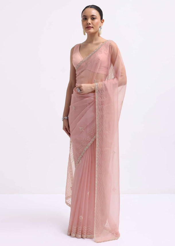 Pink Cutdana Embroidered Organza Saree With Unstitched Blouse