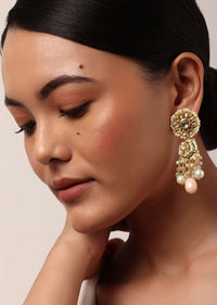 Pink Danglers With Bead Drops And Floral Motif