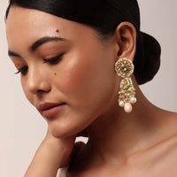 Pink Danglers With Bead Drops And Floral Motif