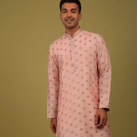 Powder Pink Printed Tussar Silk Kurta Set With Sequins