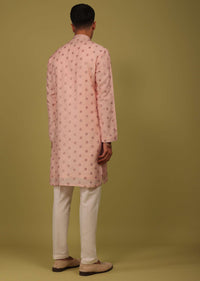 Powder Pink Printed Tussar Silk Kurta Set With Sequins