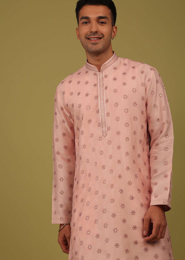 Powder Pink Printed Tussar Silk Kurta Set With Sequins