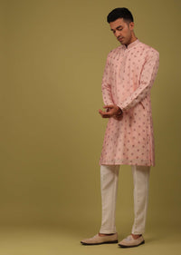 Powder Pink Printed Tussar Silk Kurta Set With Sequins