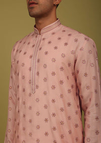 Powder Pink Printed Tussar Silk Kurta Set With Sequins