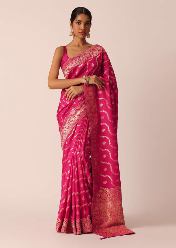 Pink Dola Silk Saree With Gold Zari Weave Butti Detail And Unstitched Blouse Piece