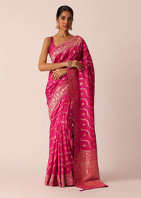 Pink Dola Silk Saree With Gold Zari Weave Butti Detail And Unstitched Blouse Piece