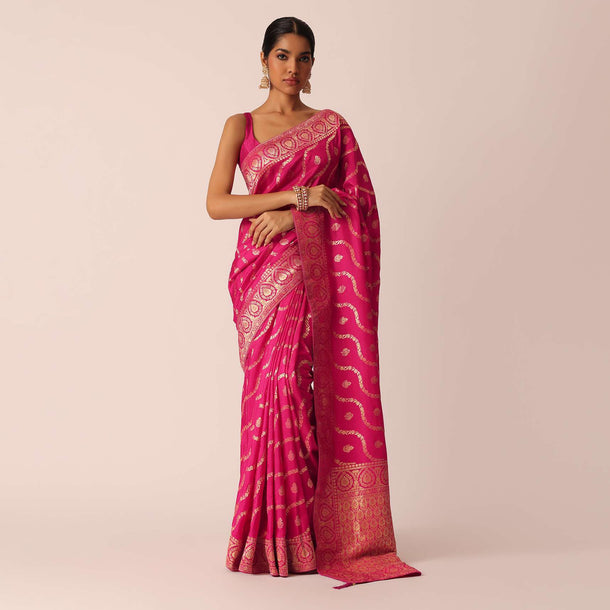 Pink Dola Silk Saree With Gold Zari Weave Butti Detail And Unstitched Blouse Piece