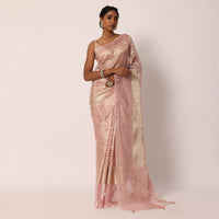 Pink Dola Silk Striped Saree With Embroidered Gota Patti And Unstitched Blouse Fabric