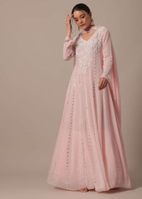 Pink Embellished Anarkali Set With Mirror Work