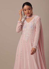 Pink Embellished Anarkali Set With Mirror Work