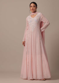 Pink Embellished Anarkali Set With Mirror Work