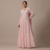 Pink Embellished Anarkali Set With Mirror Work