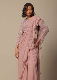 Pink Embellished Blouse And Draped Pant Set