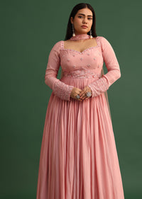 Soft Pink Embroidered Anarkali Suit With Choker Dupatta
