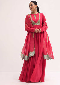 Pink Embroidered Chiffon Anarkali With Tissue Dupatta