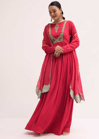 Pink Embroidered Chiffon Anarkali With Tissue Dupatta