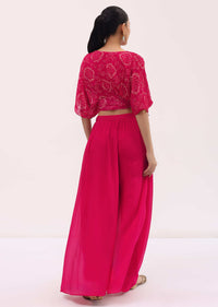 Pink Embroidered Chiffon Crop Top And Palazzo