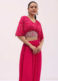 Pink Embroidered Chiffon Crop Top And Palazzo