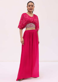 Pink Embroidered Chiffon Crop Top And Palazzo