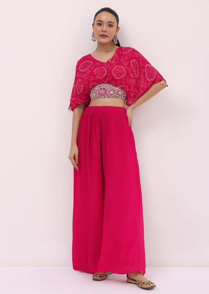 Pink Embroidered Chiffon Crop Top And Palazzo