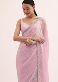 Pink Embroidered Chiffon Saree With Unstitched Blouse