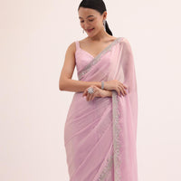 Pink Embroidered Chiffon Saree With Unstitched Blouse