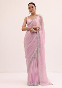 Pink Embroidered Chiffon Saree With Unstitched Blouse