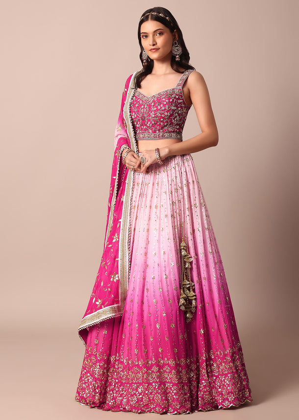 Pink Embroidered Choli With Exquisite Lehenga And Sequin-Adorned Dupatta
