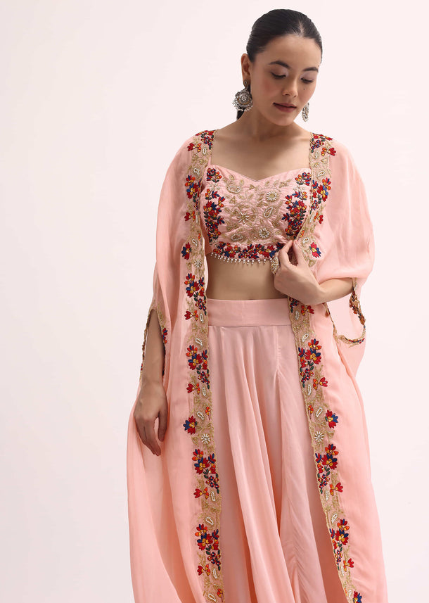 Pink Embroidered Crop Top And Skirt Set