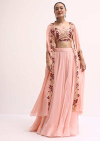 Pink Embroidered Crop Top And Skirt Set