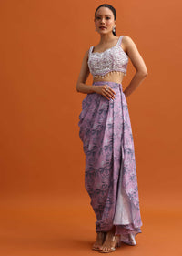 Pink Embroidered Crop Top Set With Organza Cape