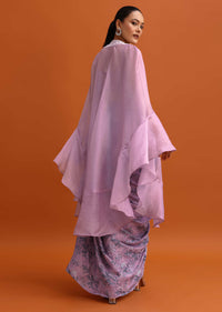 Pink Embroidered Crop Top Set With Organza Cape