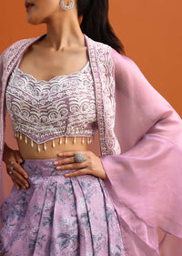 Pink Embroidered Crop Top Set With Organza Cape