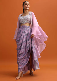 Pink Embroidered Crop Top Set With Organza Cape