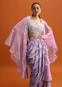 Pink Embroidered Crop Top Set With Organza Cape