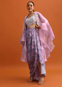 Pink Embroidered Crop Top Set With Organza Cape