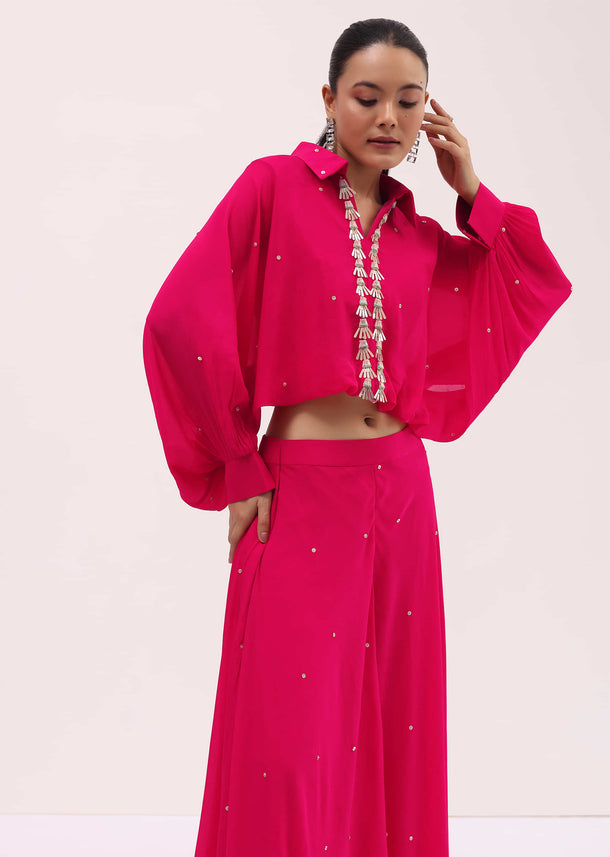 Pink Embroidered Georgette Crop Top And Palazzo