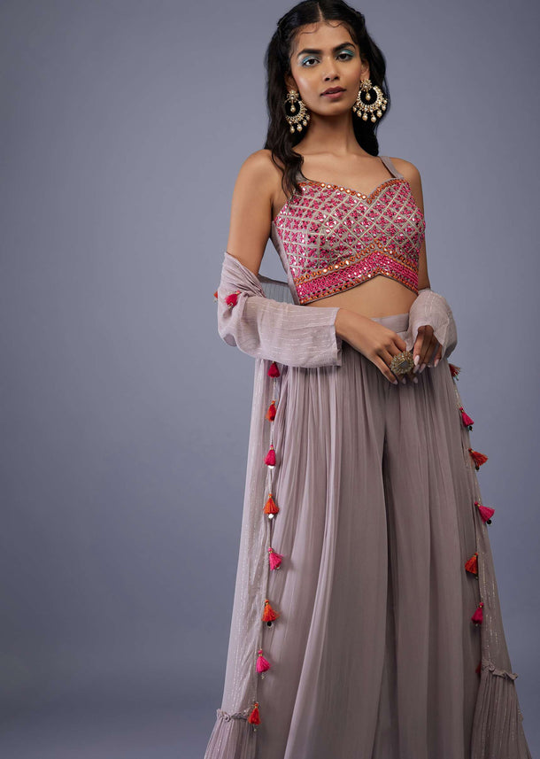 Dusty Pink Embroidered Mirror Crop Top And Palazzo Set In Georgette