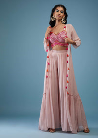 Onion Pink Embroidered Mirror Crop Top And Palazzo Set In Georgette